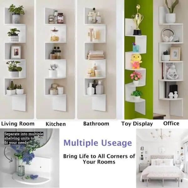 5 Tier Floating Corner Shelves For Indoor - White
