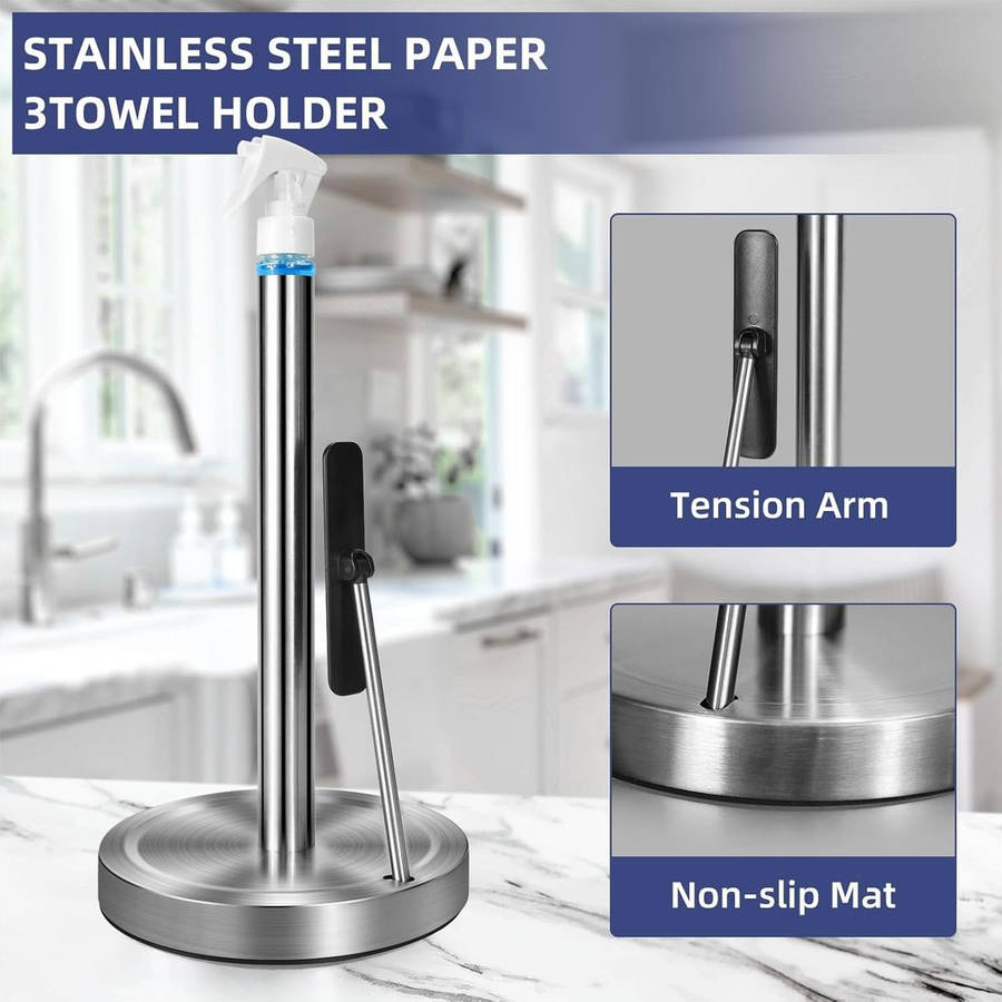 Kitchen Paper Towel Holder Stainless Steel With Sprayer,Arm & Weighted Base