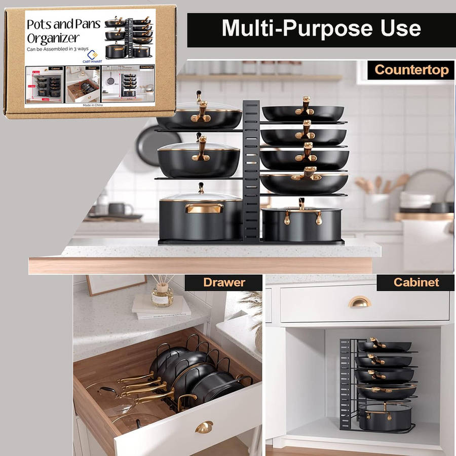8 Tier Pot And Pan Organiser Rack Adjustable Under Or In Cabinet- 3 Methods