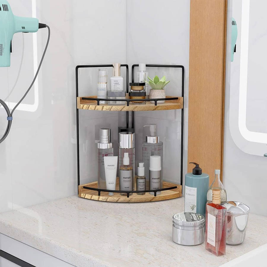 2-Tier Vanity Bathroom Counter Corner Shelf Organiser Kitchen Storage-Wood