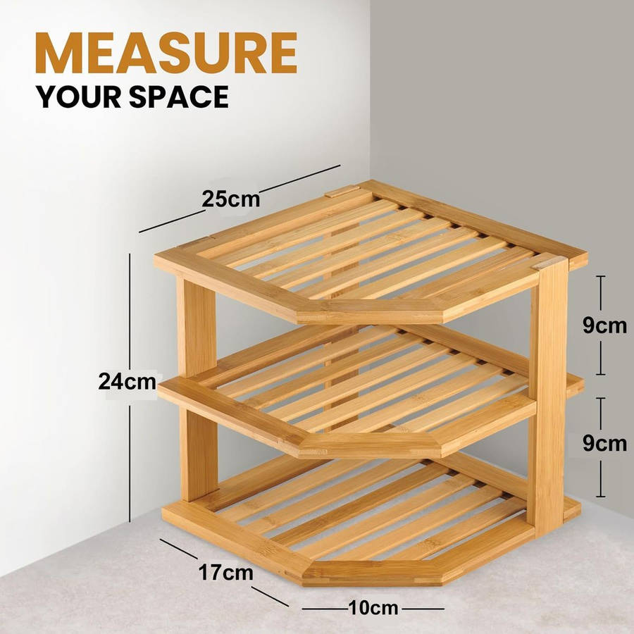 3 Tier-Bamboo Corner Shelf Plate Organizer For Kitchen and Bathroom Storage