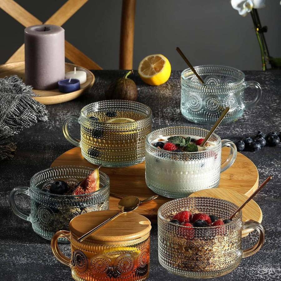 6-Pack (24 Piece) Vintage Glass Coffee Mugs Overnight Jars Tea Cups With Bamboo Lids