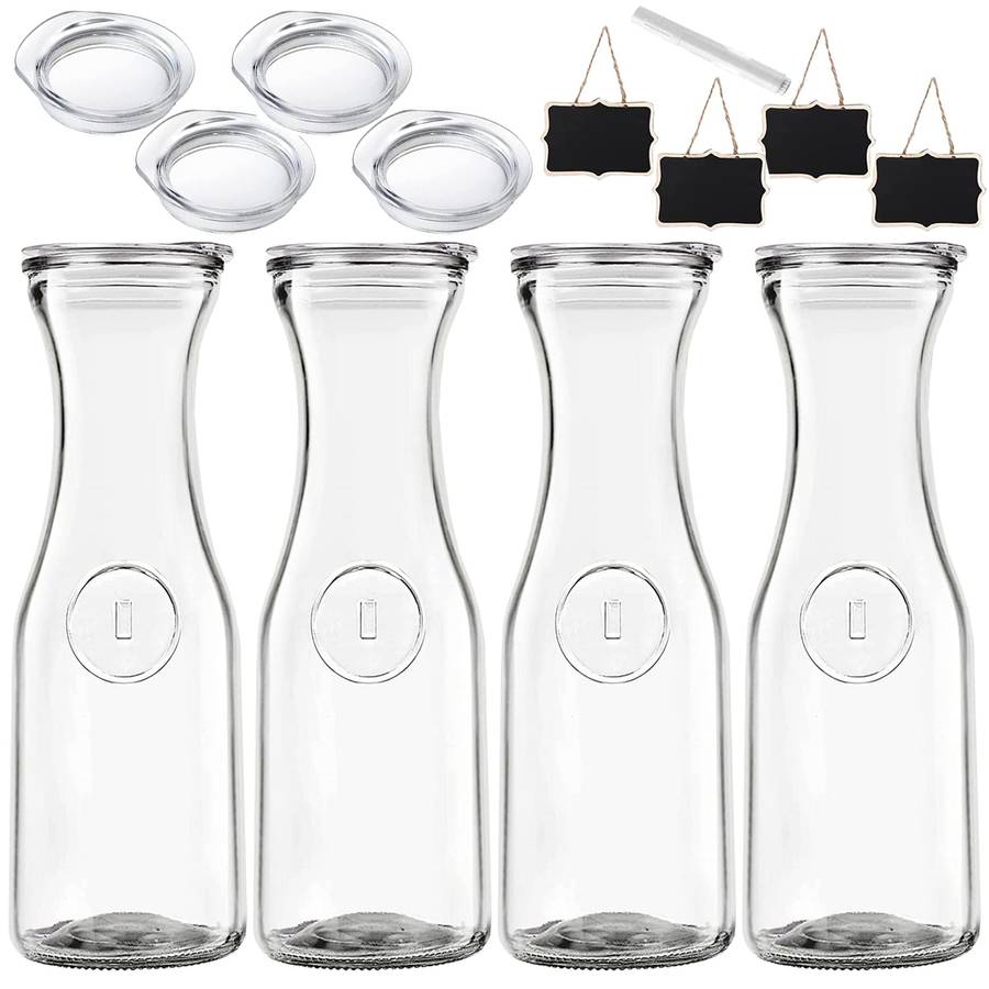 4 Pack Clear Glass Carafe With Lid (1L)Tags,Marker-Bar Serveware Pitcher