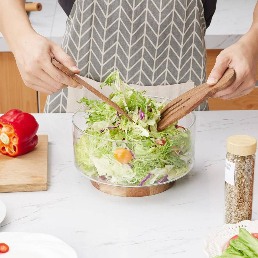 Extra Large Glass Salad Bowl Set With Wood Base & Serving Utensils-Modern