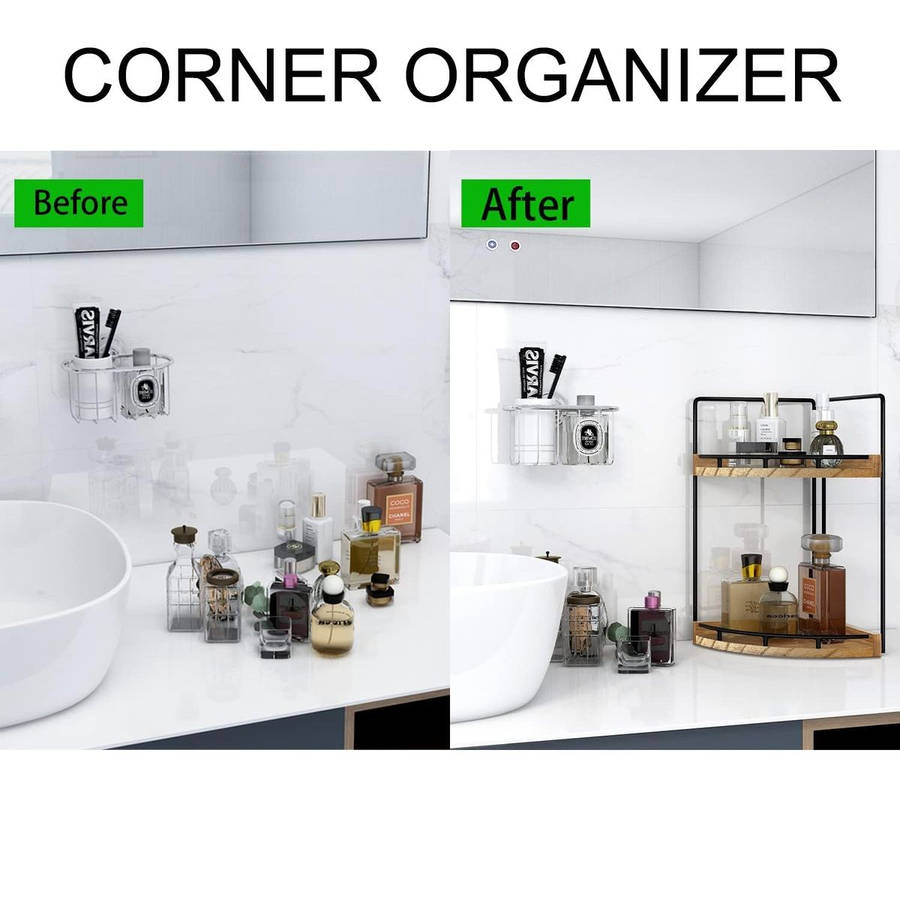 2-Tier Vanity Bathroom Counter Corner Shelf Organiser Kitchen Storage-Wood