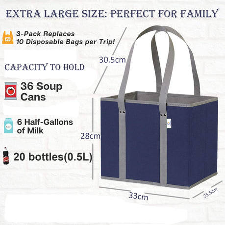 3 Pack Reusable Grocery Bags Large Tote Folding Shopping Bag-Navy Blue