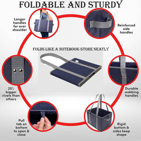 3 Pack Reusable Grocery Bags Large Tote Folding Shopping Bag-Navy Blue