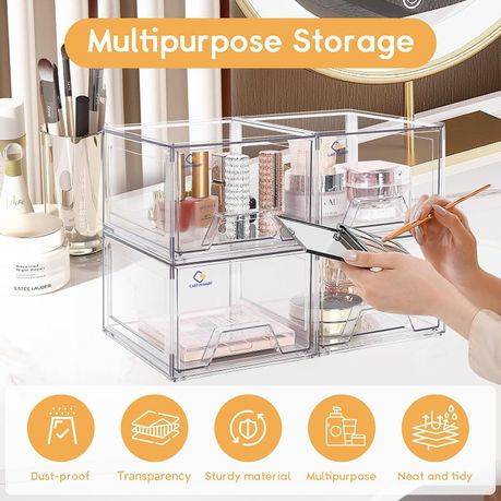 Clear Acrylic Storage Drawer Bins Stackable Multipurpose Organizers-4 Pack