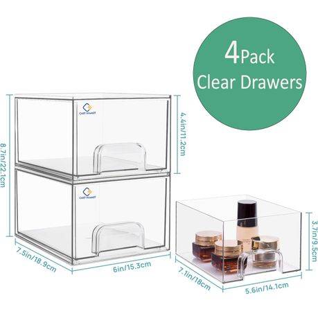 Clear Acrylic Storage Drawer Bins Stackable Multipurpose Organizers-4 Pack