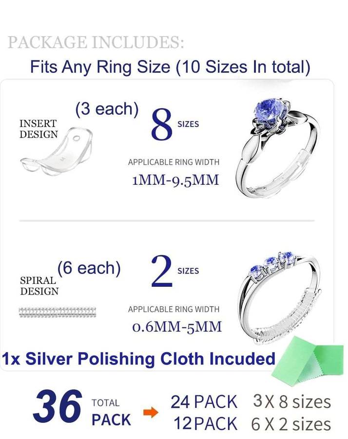 36 Pack Invisible Ring Size Adjuster For Loose Rings & Polishing Cloth