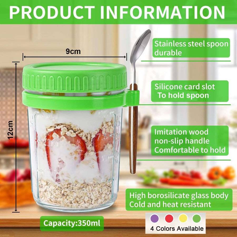 4 Pack Overnight Oats Jars Glass Airtight Cereal Containers & Spoons - 350ml