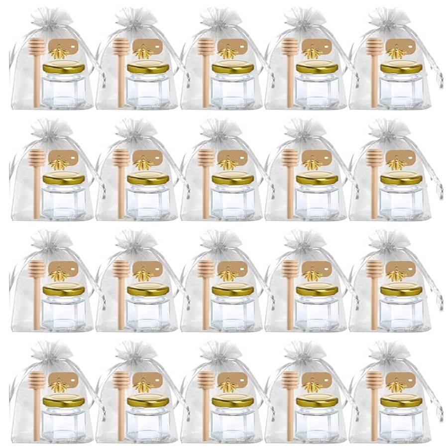 20 Pack Mini Honey Jars Pots With Dipper, Bee Pendant, Jute Party Gift Favor