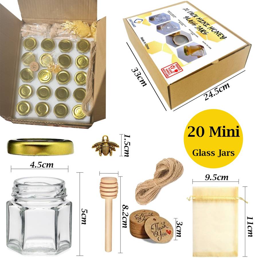 20 Pack Mini Honey Jars Pots With Dipper, Bee Pendant, Jute Party Gift Favor