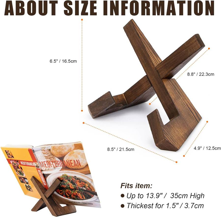 Wooden Cookbook Stand For Kitchen Counter Recipe Book Holder- Rustic Brown