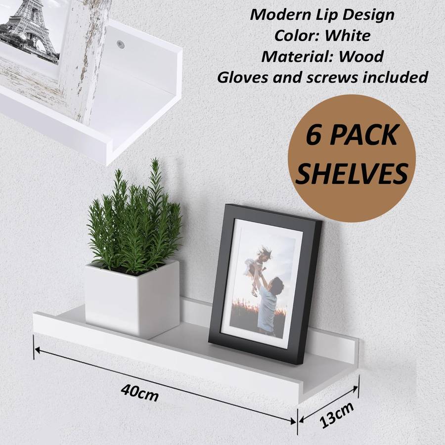 6 Pack Floating Shelves With Lips Hanging Wall Decor For Bedroom Bathroom - Modern Black