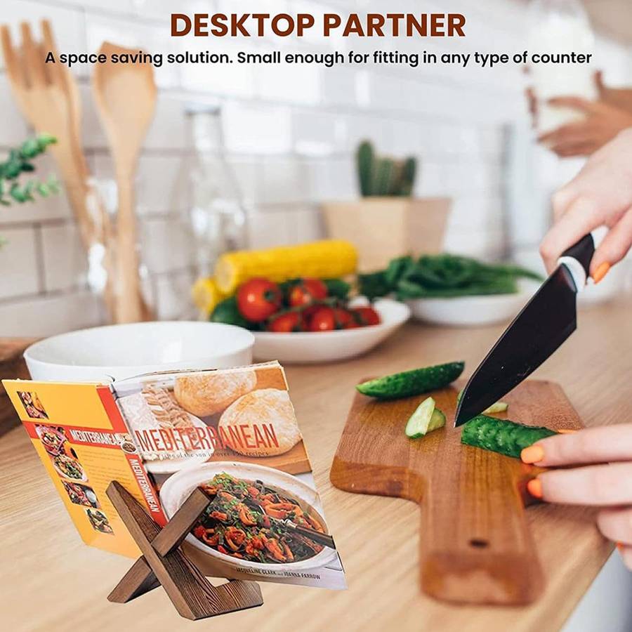Wooden Cookbook Stand For Kitchen Counter Recipe Book Holder- Rustic Brown