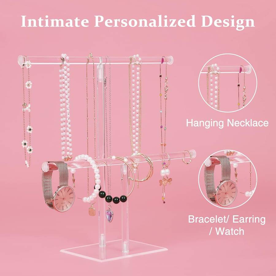 2 Tier Clear Acrylic Jewelry Stand Hanging Necklace Bracelet Display Holder