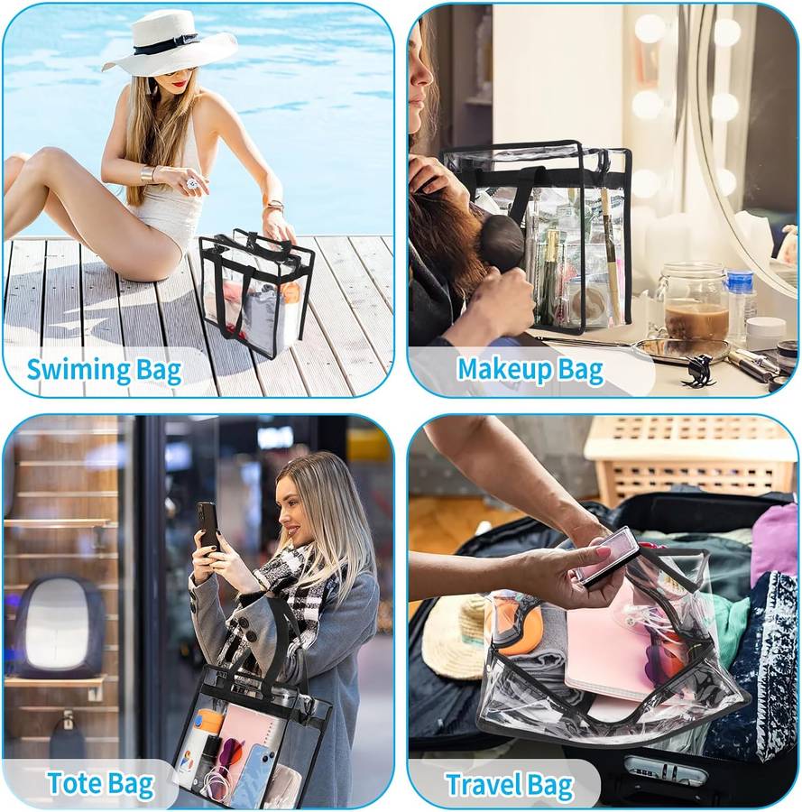 Clear Shoulder Tote Bag With Zipper Closure & Extra Adjustable Travel Strap