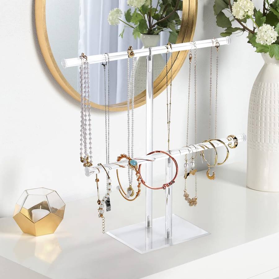2 Tier Clear Acrylic Jewelry Stand Hanging Necklace Bracelet Display Holder