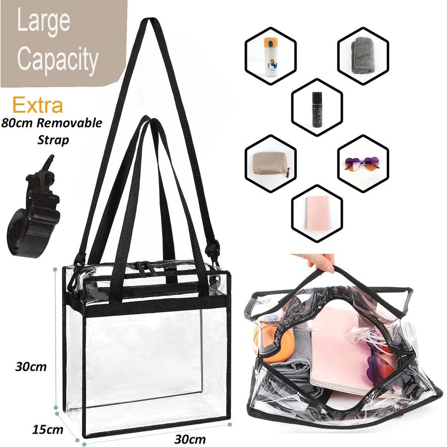 Clear Shoulder Tote Bag With Zipper Closure & Extra Adjustable Travel Strap