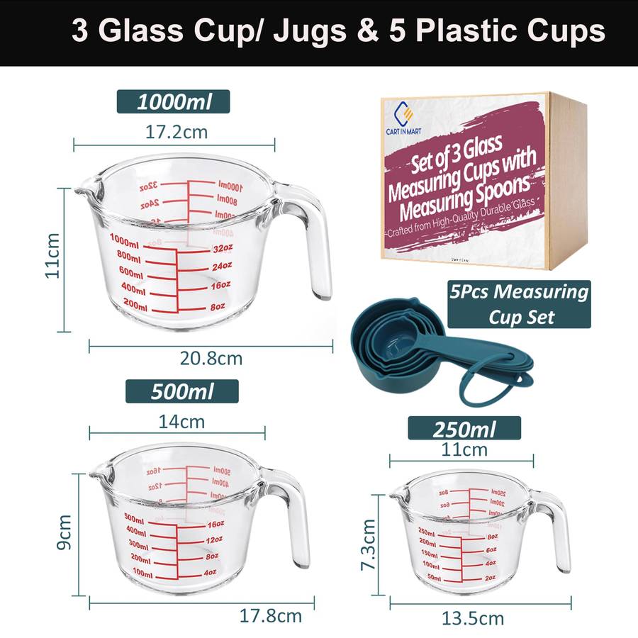 Glass Measuring Cup Set - 3 Glass Jugs Microwaveable ,5 Plastic Cup - 8 Piece