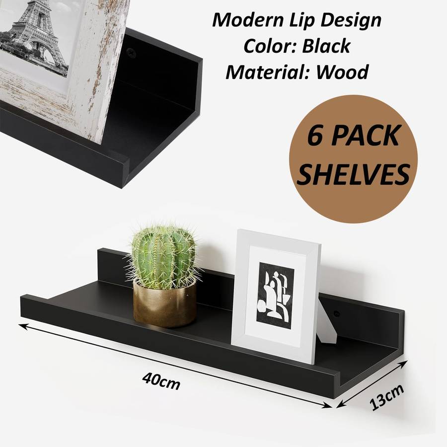 6 Pack Floating Shelves With Lips Hanging Wall Decor For Bedroom Bathroom - Modern Black