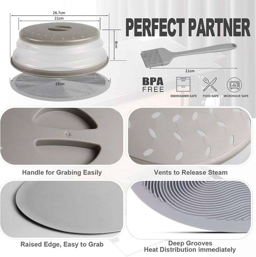 3 Piece Collapsible Microwave Food Splatter Cover, Silicone Mat & Brush