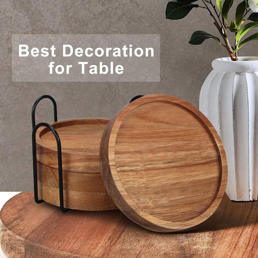 6 Pack Wooden Drink Coasters With Holder For Cups Barware Coffee Cups Mugs