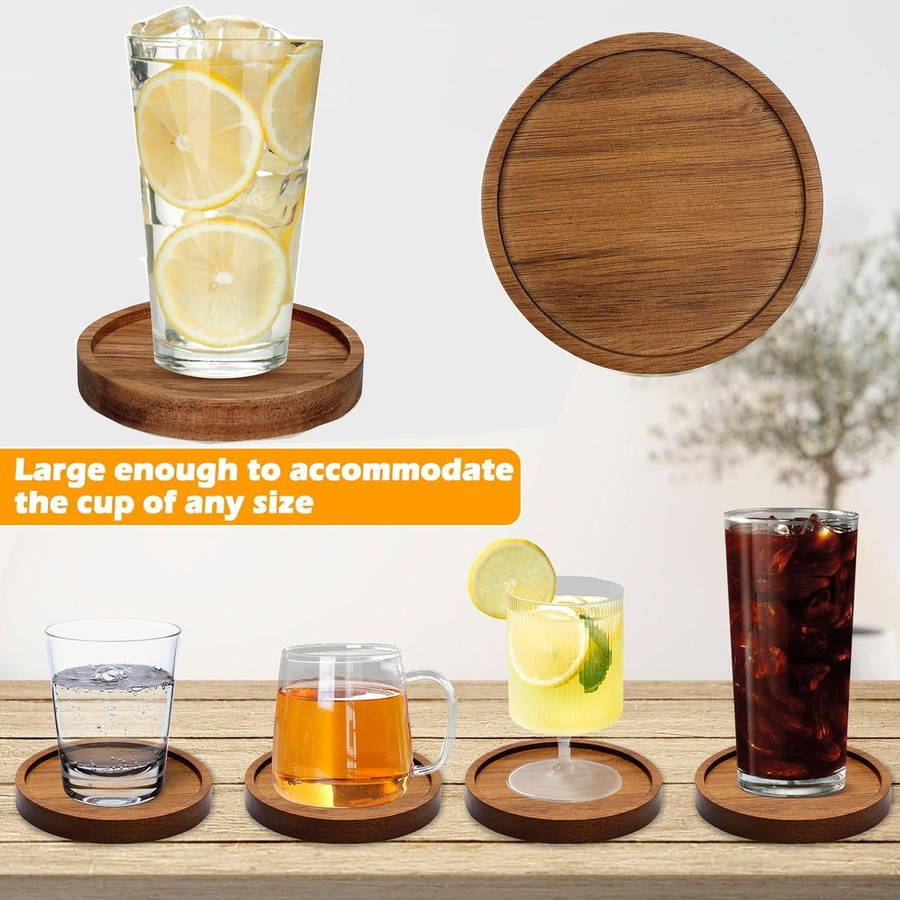 6 Pack Wooden Drink Coasters With Holder For Cups Barware Coffee Cups Mugs