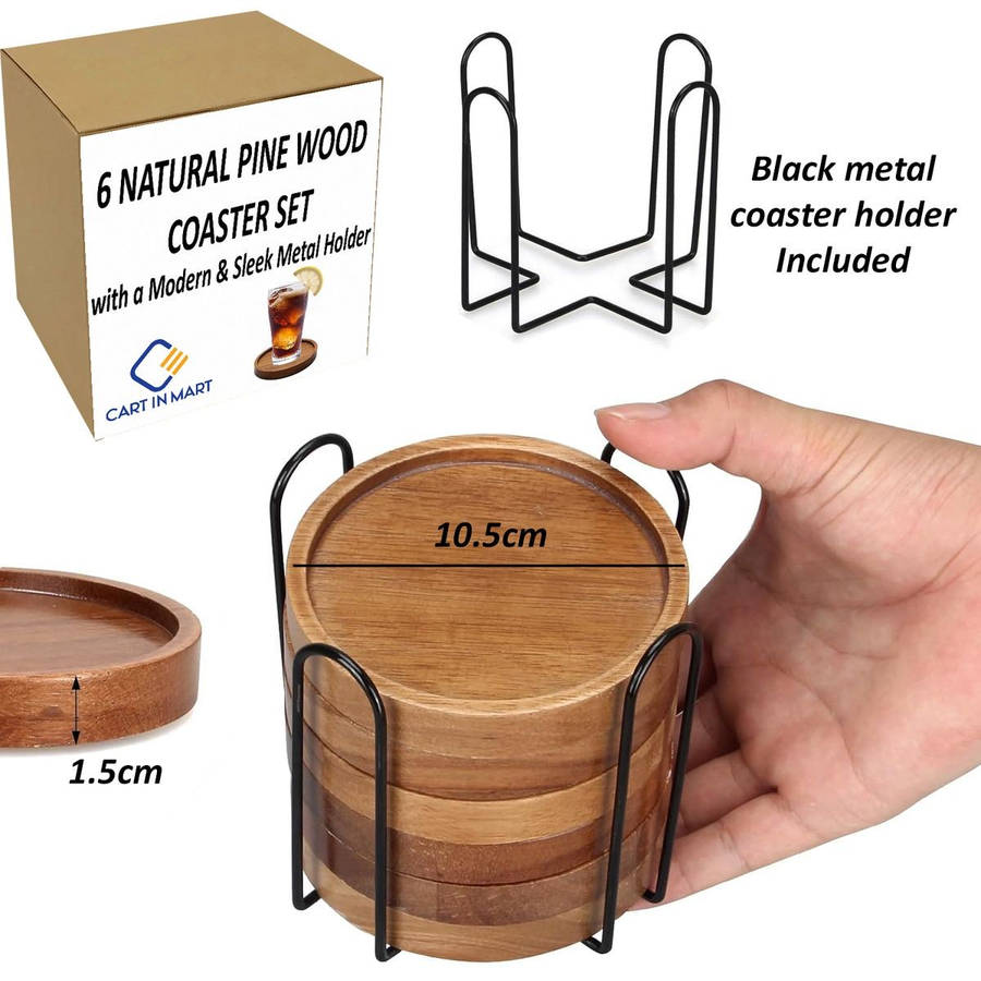 6 Pack Wooden Drink Coasters With Holder For Cups Barware Coffee Cups Mugs