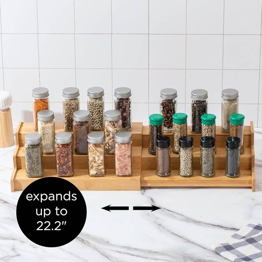 3 Tier Expandbale Bamboo Spice Rack Organiser Cabinet With Labels & Marker