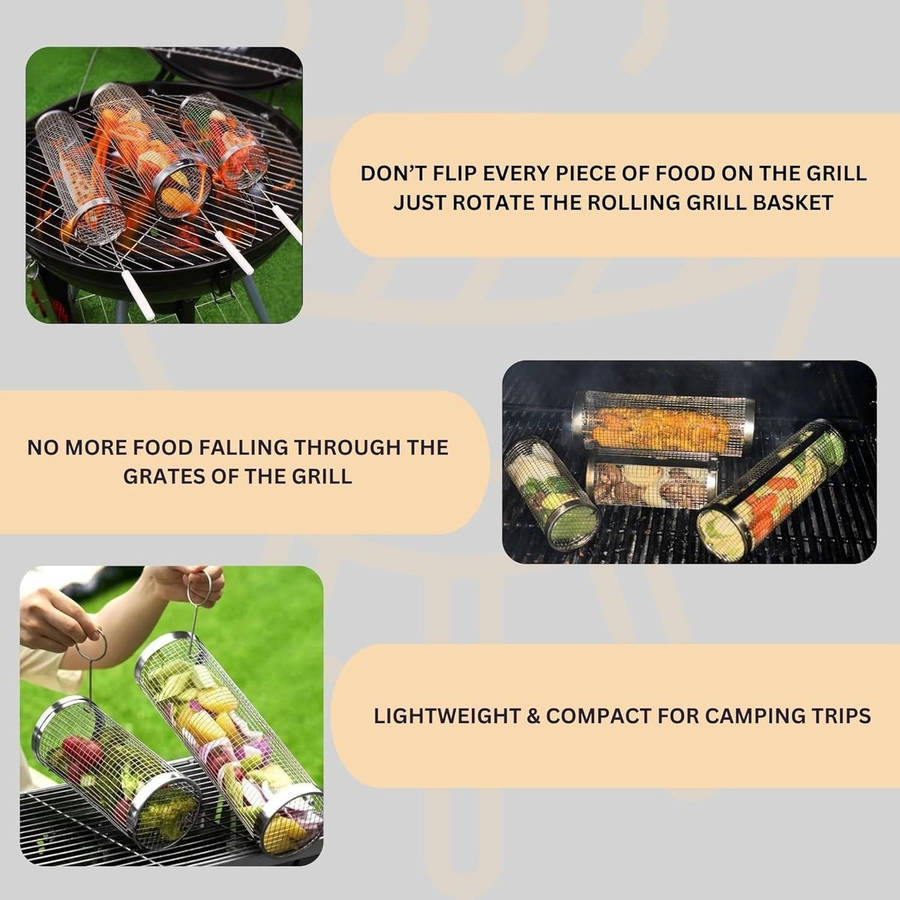2 Pack BBQ Rolling Grill Baskets For Braai Grilling Wooden Handle-Men Gift