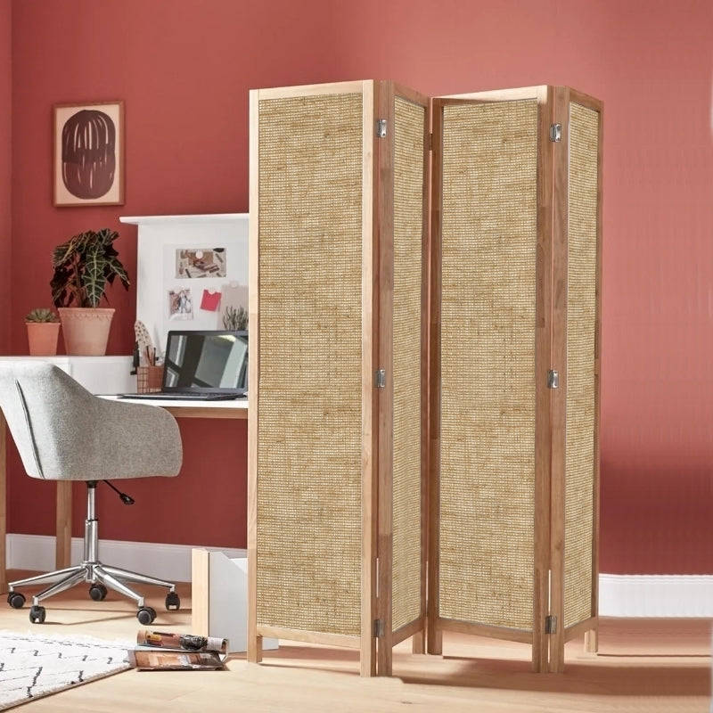 Partition Room Divider - 4 Panel See-through Hessian Folding Screen Room Divider with Solid Woode...
