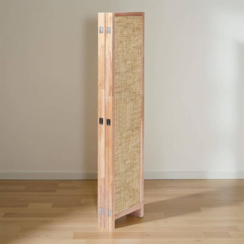 Partition Room Divider - 4 Panel See-through Hessian Folding Screen Room Divider with Solid Woode...