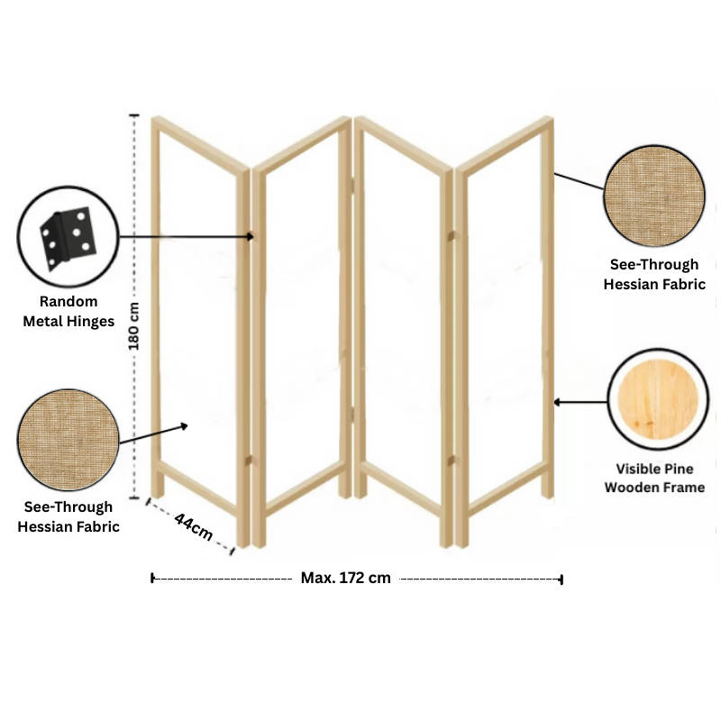Partition Room Divider - 4 Panel See-through Hessian Folding Screen Room Divider with Solid Woode...
