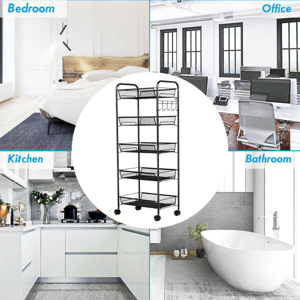 5-Tier Metal Storage Rolling Mesh Utility Trolley Cart with Wheels