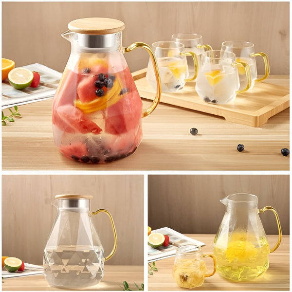 Borosilicate Glass Pitcher - Diamond Pattern 1.5 Litre Borosilicate Glass Pitcher with Bamboo and...