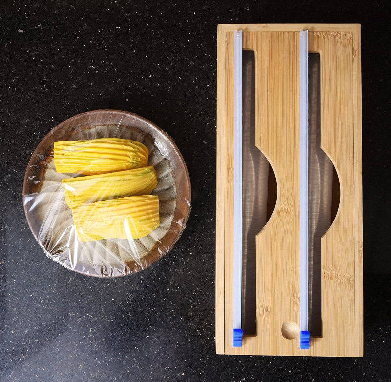 Double Layer Bamboo Plastic Cling Wrap Dispenser with Cutter