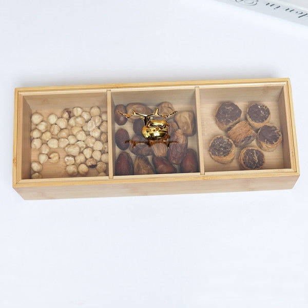 Multifunction Eco-Friendly 3-Section Bamboo Dry Fruit Snack Storage Box with Lid