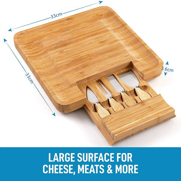 Bamboo Serving Platter Set - Natural Flat Wood Bamboo Cutting Board Serving Platter with 4 Stainl...