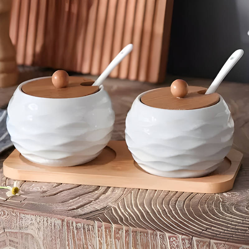 Set of 2 Spice Jars with Lids, Spoons and Wooden Holder