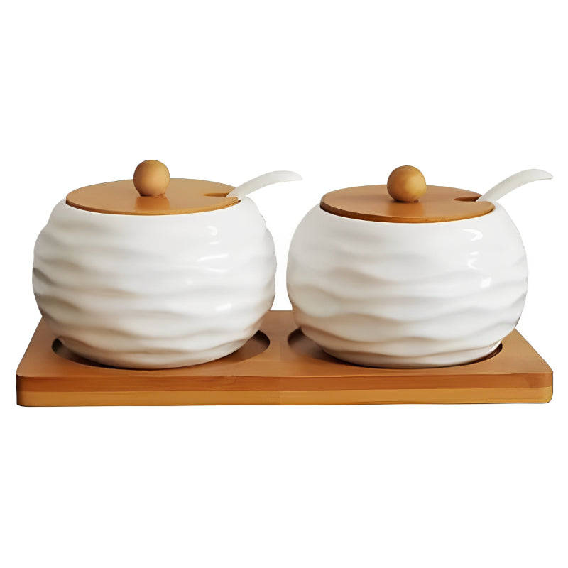 Set of 2 Spice Jars with Lids, Spoons and Wooden Holder