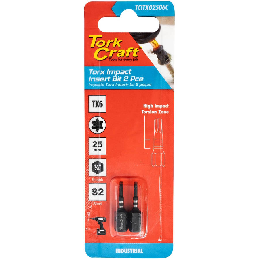 Torx tx 6 impact insert bit 25mm 2pc carded