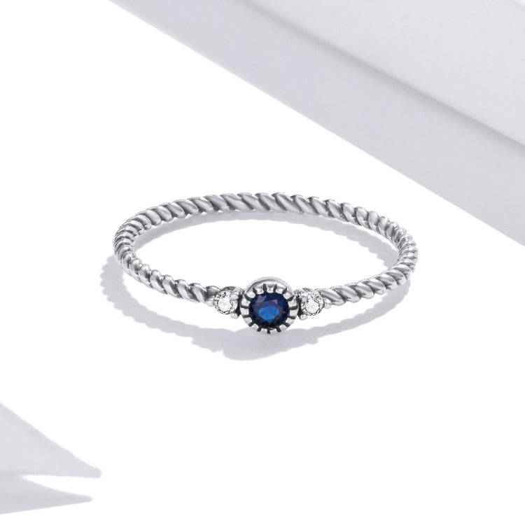 S925 Sterling Silver Dark Blue Zircon Platinum Plated Twist Texture Women Ring, Size:8