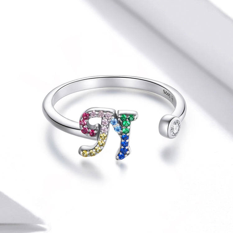 S925 Sterling Silver 26 English Letters Colorful Zircon Women Open Ring, Style:N