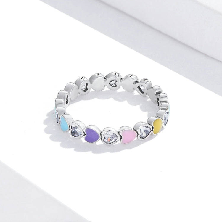 S925 Sterling Silver Rainbow Heart Zircon Women Ring, Size:6