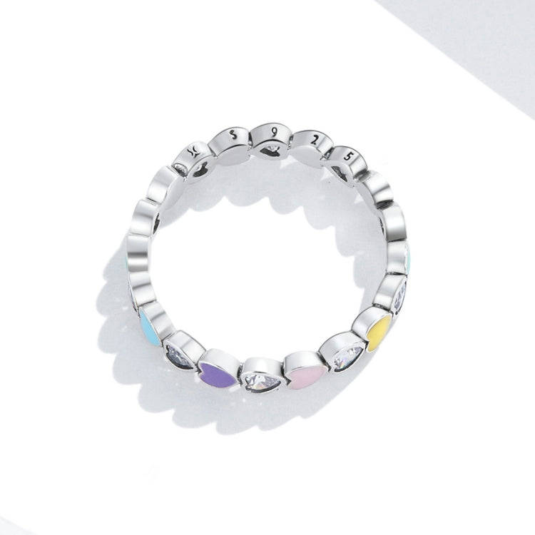 S925 Sterling Silver Rainbow Heart Zircon Women Ring, Size:6