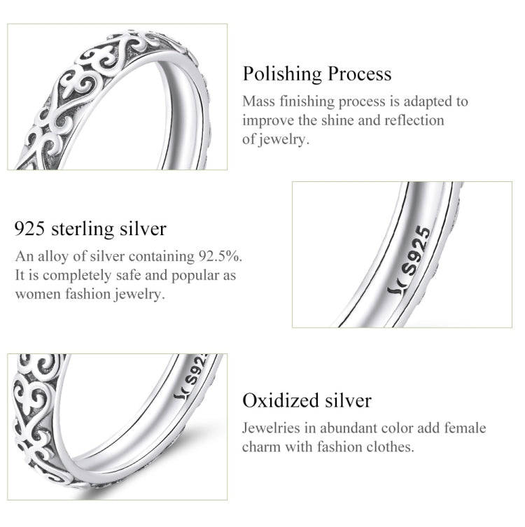 S925 Sterling Silver Retro Embossed Flower Texture Women Ring, Size:7