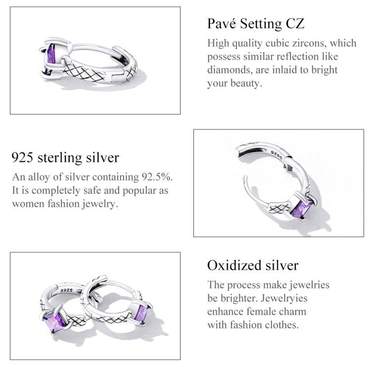 S925 Sterling Silver Purple Zircon Snake Pattern Ear Buckle Women Earrings