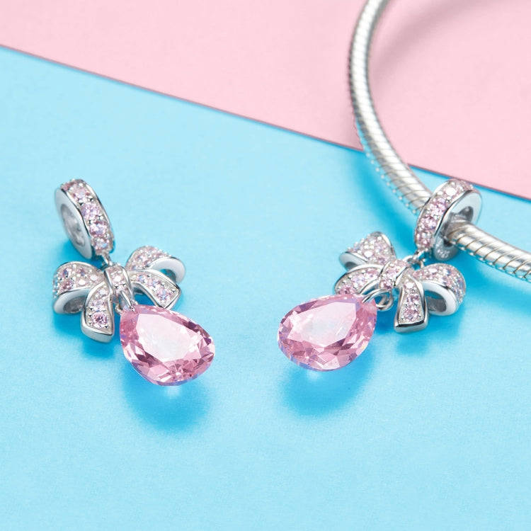 S925 Sterling Silver Bow DIY String Beads Pink Zircon Pendant Accessories
